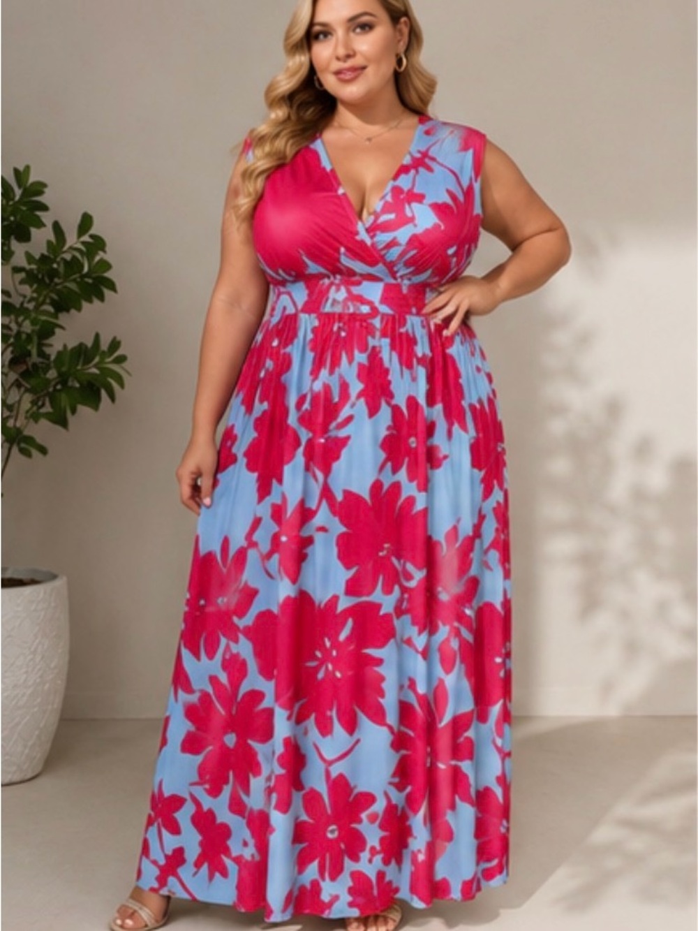 H&M Tropical Floral Faux Wrap Maxi Dress Pink Blue Vacation Resort Beach | XL